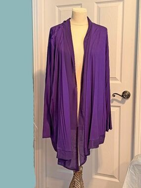CARDIGAN, OPEN FRONT, DARK PURPLE, SIZE 4X, CHIFFON COLLAR & TRIM, VISCOSE SPAND